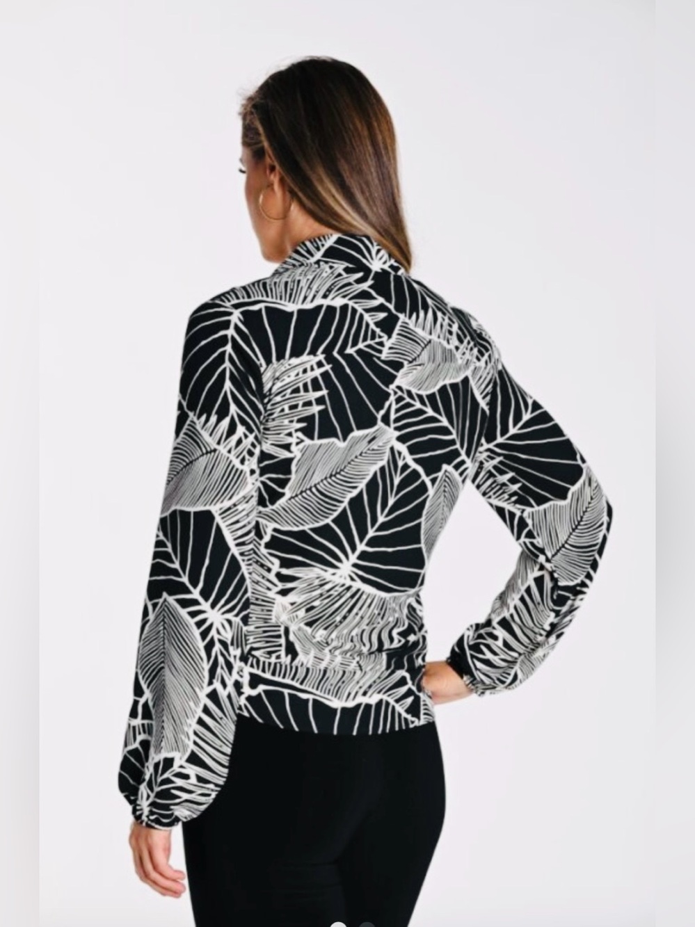 Frank Lyman Design Black and White Leaf Tie-Front Blouse - Picture 2 of 6